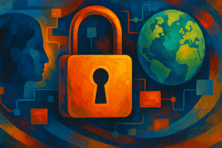 Ilustración artística colorida que representa el GDPR como un candado central entre un perfil humano y el planeta Tierra