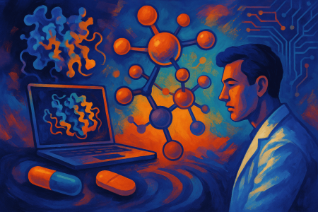 Ilustración artística de un científico observando estructuras moleculares generadas por inteligencia artificial (1)