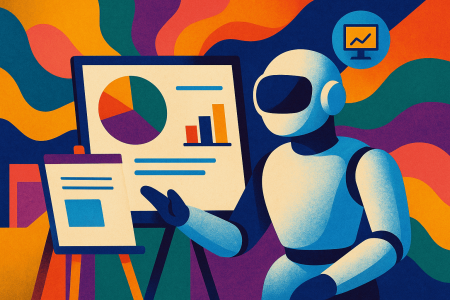 Ilustración artística de un robot humanoide señalando gráficos de presentación con elementos visuales generados por IA,