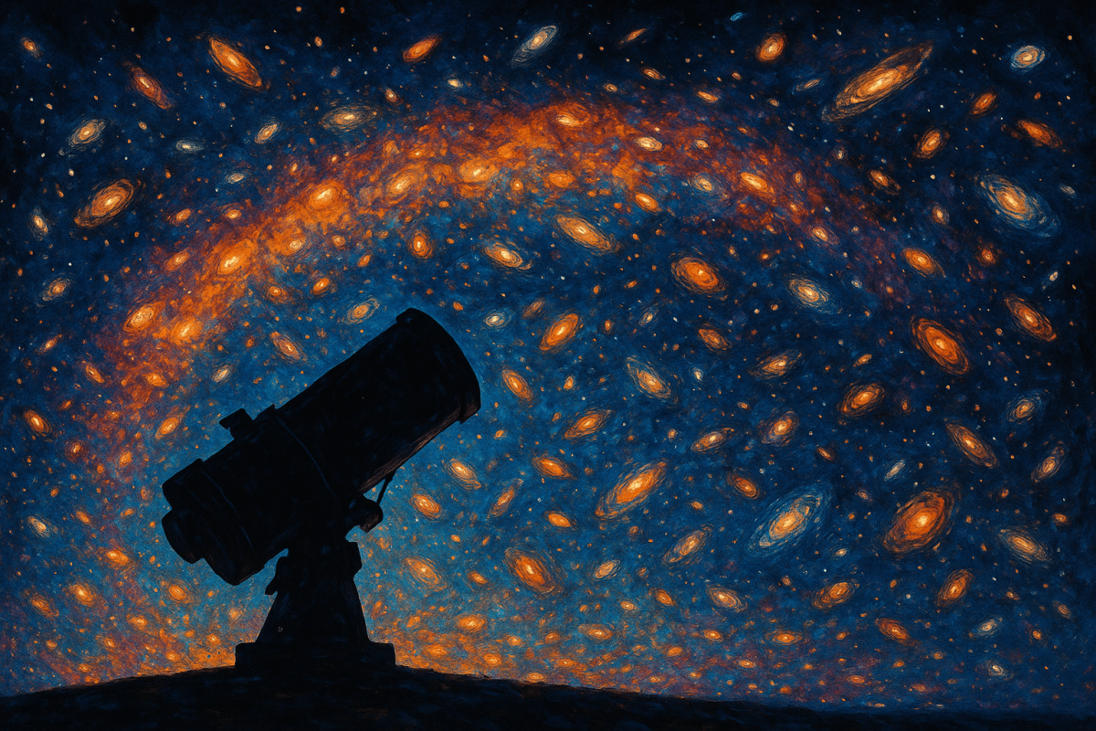 Ilustración artística de un telescopio observando un cielo estrellado con miles de galaxias, inspirada en el mapa cósmico de 800,000 galaxias creado por el telescopio espacial James Webb.