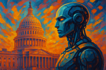 Ilustración artística de una figura humanoide de inteligencia artificial observando el Capitolio de EE.UU., con colores intensos y pinceladas (1)