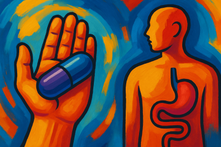 Ilustración artística de una mano sosteniendo una cápsula azul frente a una figura humana con estómago resaltado (1)