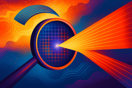 Ilustración artística de una metalente nanoscópica transformando luz infrarroja en visible con un haz de luz violeta a naranja sobre fondo colorido