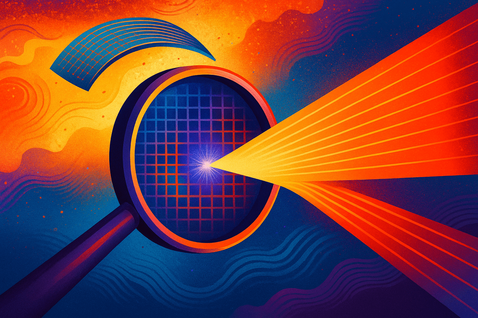 Ilustración artística de una metalente nanoscópica transformando luz infrarroja en visible con un haz de luz violeta a naranja sobre fondo colorido