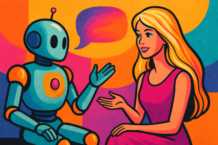 Ilustración artística de una muñeca tipo Barbie charlando con un robot en un entorno colorido (1)