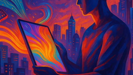 Ilustracion-artistica-futurista-con-una-tableta-flotante-que-emite-energia-luminosa-sobre-una-ciudad-simbolizando-el-poder-y-diseno-de-la-RedMagic-Gaming-Tablet-3-Pro