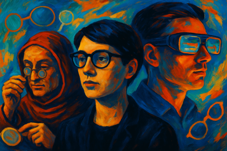 Ilustración artística que representa la evolución de las gafas desde la Edad Media hasta el futuro (1)