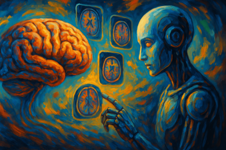 Ilustración artística surrealista de una inteligencia artificial interactuando con un cerebro humano a través de resonancias magnéticas flotantes, representando la predicción temprana del Alzheimer mediante IA y aprendizaje profundo.