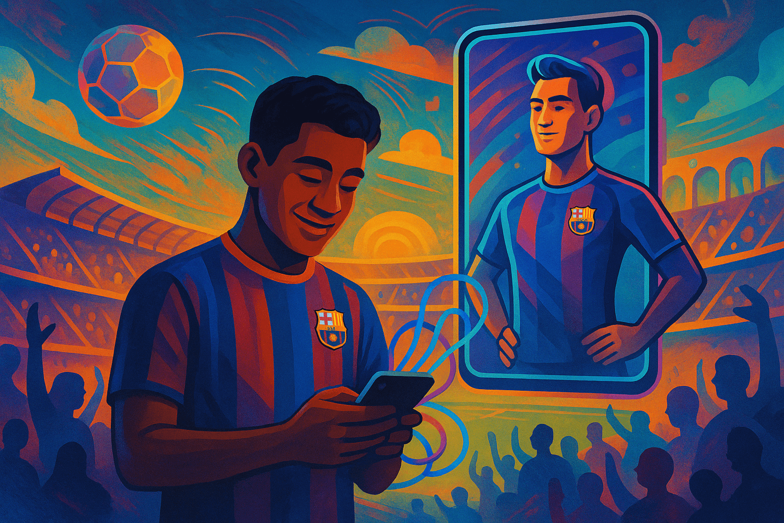 Ilustracion-artistica-y-colorida-que-representa-la-evolucion-digital-de-los-fans-del-FC-Barcelona-