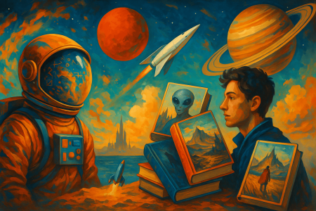 Ilustración colorida de ciencia ficción con astronauta, planetas, libros y joven lector (1)