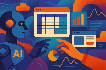 Ilustración colorida de inteligencia artificial colaborando con humanos para crear hojas de cálculo, gráficos y aplicaciones web,