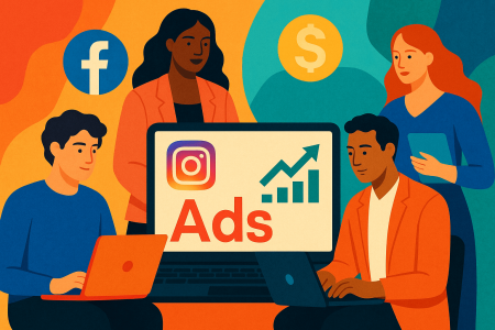 Ilustracion-colorida-y-moderna-de-una-agencia-de-marketing-digital-gestionando-multiples-campanas-publicitarias-en-Facebook-e-Instagram-