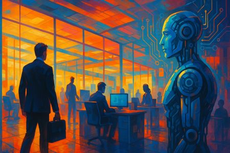Ilustración conceptual de inteligencia artificial reemplazando trabajos corporativos