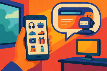 Ilustración conceptual de un asistente de inteligencia artificial recomendando productos desde un móvil (1)