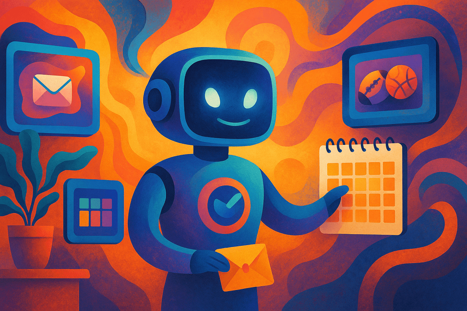 Ilustración conceptual de una inteligencia artificial doméstica organizando tareas cotidianas como correos, calendarios y noticias deportivas, inspirada en la función de acciones programadas de Google Gemini (1)