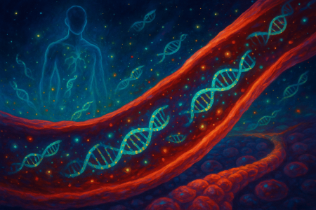 Ilustración conceptual del cáncer detectado en la sangre antes del diagnóstico clínico, con ADN tumoral flotando en un torrente sanguíneo.