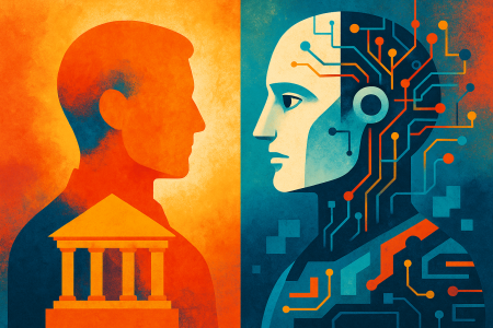 Ilustración conceptual en colores vibrantes de un ser humano y un robot enfrentados, simbolizando el impacto de la inteligencia artificial en la identidad y el rol de las instituciones tradicionales.