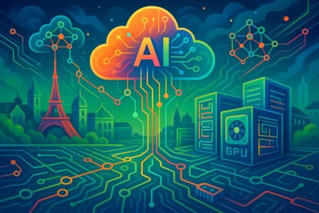 Ilustración de Mistral Compute mostrando su capacidad para reemplazar proveedores de nube de EE.UU. y China.