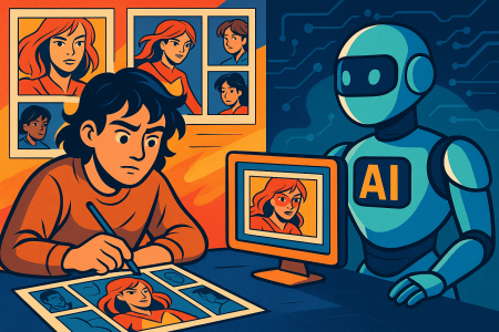 Ilustración de un artista dibujando un cómic mientras una IA replica al personaje en pantalla (1)