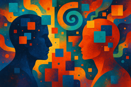 Ilustración digital abstracta con dos perfiles humanos enfrentados (1)