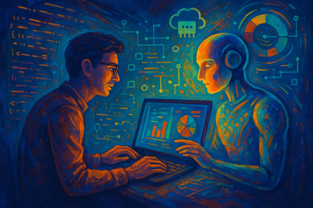Ilustración digital artística de un desarrollador colaborando con una inteligencia artificial brillante en un entorno futurista lleno de código flotante, visualizaciones interactivas y símbolos de memoria (1