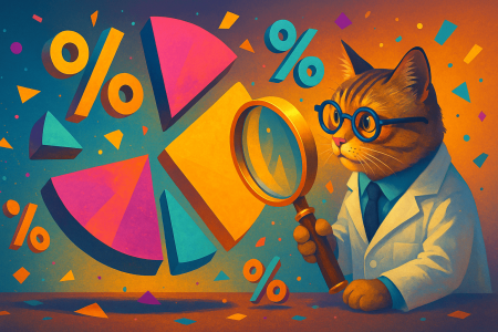 Ilustración digital colorida de un gato científico observando un gráfico circular roto con símbolos de porcentaje flotantes, aludiendo de forma sutil a estadísticas inventadas y datos exagerados.