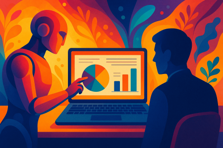 Ilustración digital colorida de una inteligencia artificial colaborando en la creación de una presentación visual, con gráficos en pantalla y una figura humana observando.