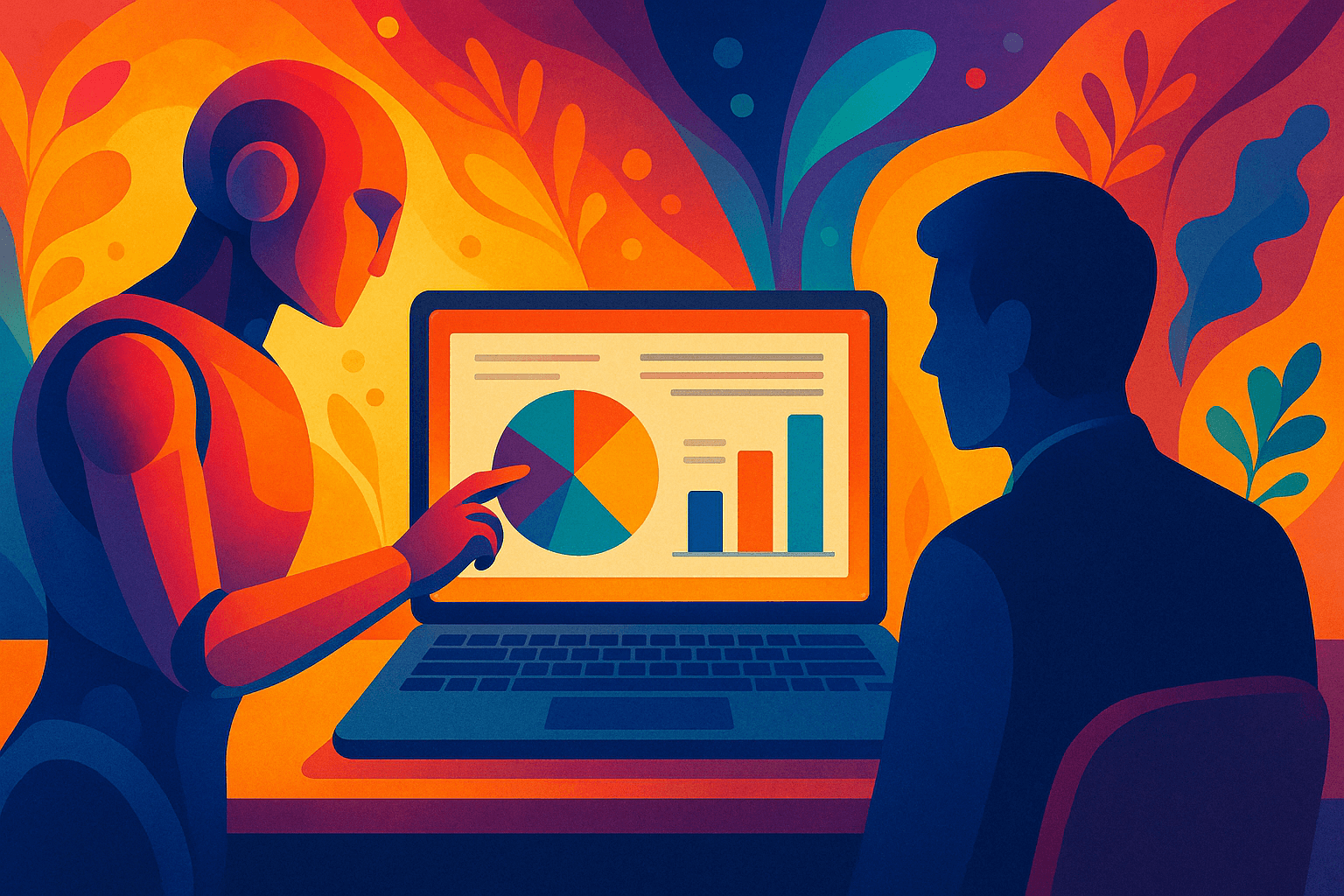 Ilustración digital colorida de una inteligencia artificial colaborando en la creación de una presentación visual, con gráficos en pantalla y una figura humana observando.