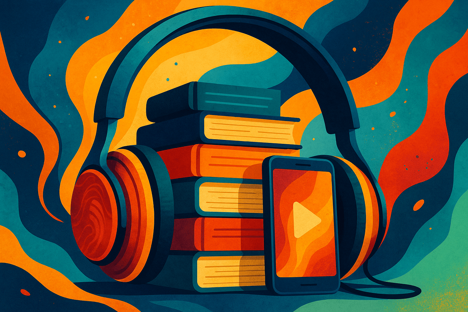 Ilustración digital colorida de unos auriculares gigantes envolviendo una pila de libros (1)