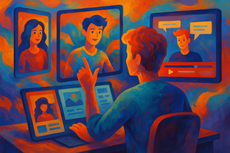 Ilustración digital expresiva mostrando a un usuario interactuando con personajes virtuales animados en pantallas, representando las nuevas funciones de Character.