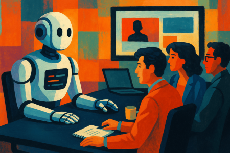 Ilustración digital que representa una reunión entre humanos y una IA, simbolizando la integración de ChatGPT en el entorno profesional moderno