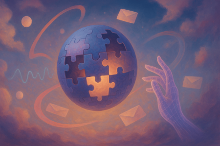 Ilustracion-onirica-de-una-esfera-de-rompecabezas-con-luz-interna-sobres-flotantes-y-una-mano-digital-simbolizando-la-mensajeria-cifrada-en-XChat