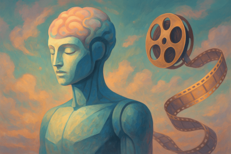 Ilustración surrealista de humanoide con cerebro visible y carrete de cine flotante, inspirada en el drama de OpenAI y Sam Altman (1)