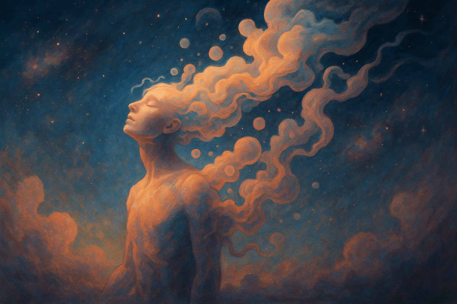 Ilustración surrealista de un cuerpo humano flotando en el espacio, con vapor saliendo de su cabeza y rodeado de un entorno cósmico, simbolizando la despresurización y la pérdida de conciencia.