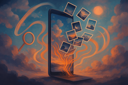 Ilustración surrealista de un móvil flotante con fotos saliendo de su pantalla, nubes de colores y una lupa
