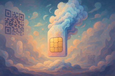 Ilustracion-surrealista-de-una-eSIM-flotando-entre-nubes-y-codigos-QR-representando-vulnerabilidades-digitales-y-ciberseguridad-movil-