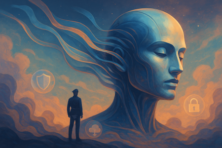 Ilustracion-surrealista-de-una-inteligencia-artificial-con-forma-de-cabeza-gigante-y-un-oficial-militar-rodeados-de-simbolos-de-seguridad-digital