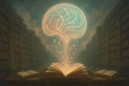 Ilustracion-surrealista-de-una-inteligencia-artificial-nacida-de-libros-de-dominio-publico-con-una-esfera-luminosa-flotando-sobre-una-biblioteca-antigua-cubierta-de-vegetacion