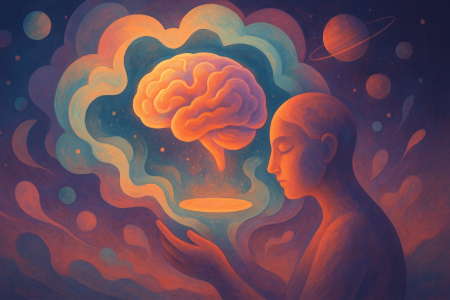 Ilustración surrealista de una persona sosteniendo un cerebro flotante en una nube, simbolizando la inteligencia artificial local sin conexión.