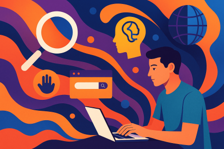 Ilustracion-surrealista-y-colorida-de-un-investigador-digital-usando-un-portatil-rodeado-de-simbolos-abstractos-como-una-lupa-una-cabeza-con-circuitos-y-un-globo-terraqueo