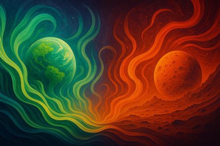 Imágenes de paisajes terrestres mostrando cielos azules, bosques exuberantes y océanos saludables junto a representaciones de Marte y Venus para contrastar atmósferas.