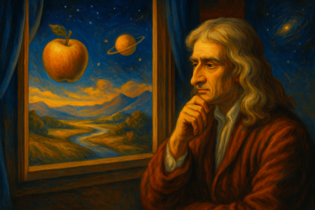 Isaac Newton contemplando desde una ventana un paisaje cósmico donde flotan una manzana dorada y planetas (1)