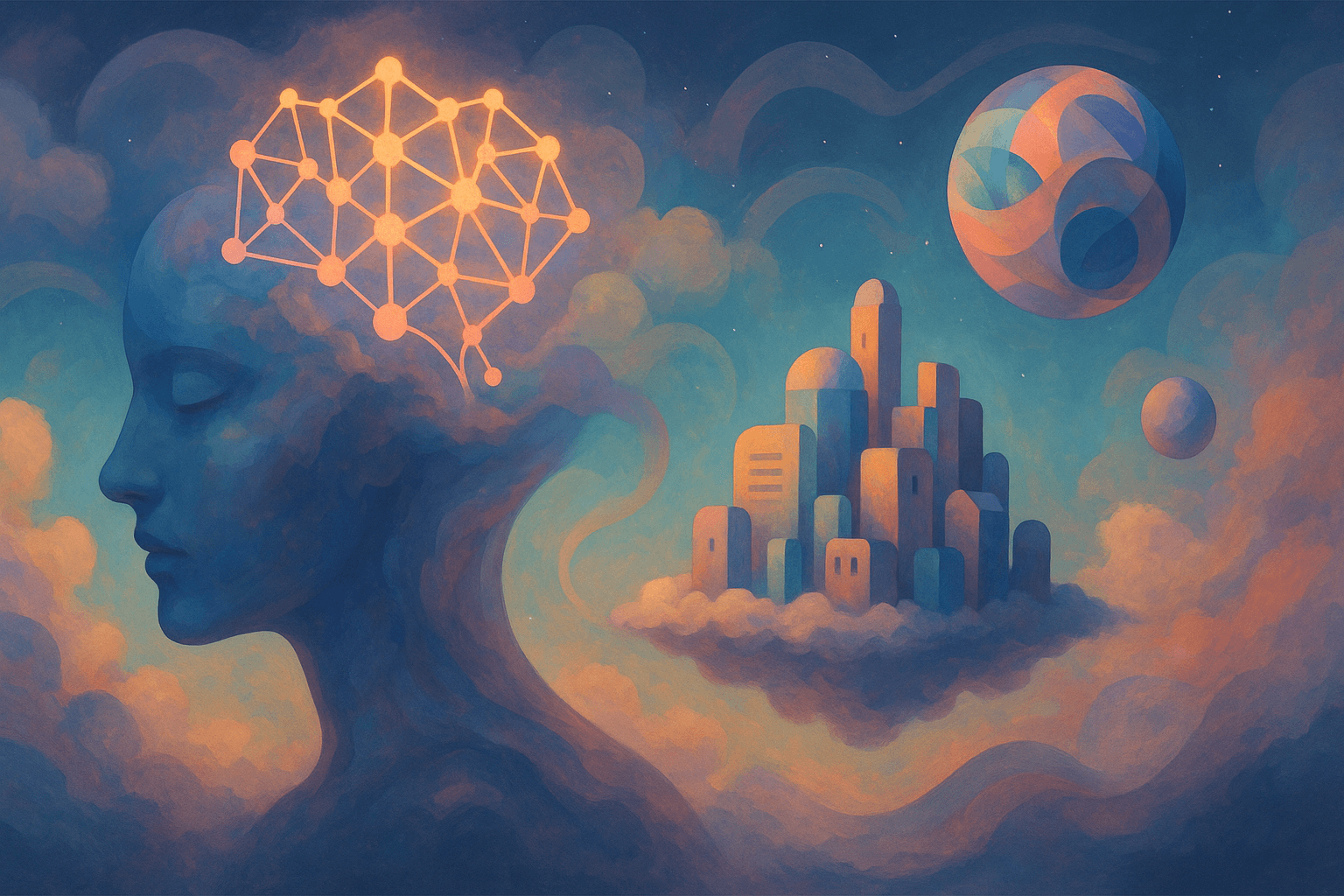 La ciudad dentro del pensamiento: ilustración surrealista sobre el dominio de la inteligencia artificial