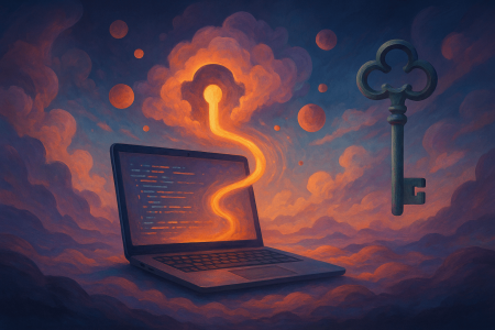 Laptop emitiendo luz hacia una cerradura flotante, representando la vulnerabilidad de path traversal en proyectos de GitHub.