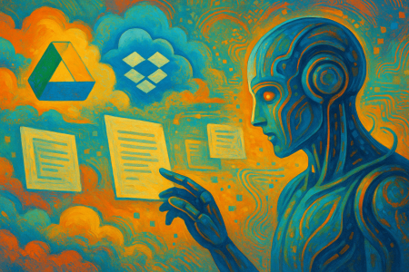 Obra digital colorida que representa la conexión de ChatGPT con Google Drive y Dropbox, mostrando una figura de IA futurista interactuando con documentos flotantes