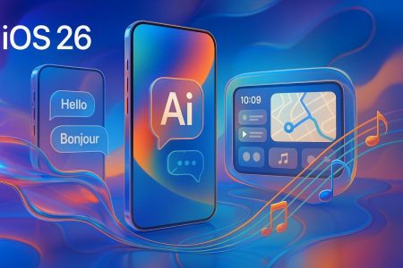 Para los textos ALT de las imágenes 1. Interfaz de iOS 26 mostrando el diseño Liquid Glass con transparencias y reflejos