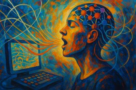 Participante del estudio usando tecnología de síntesis de voz basada en interfaz cerebro-computadora