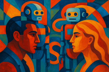 Pintura-abstracta-colorida-en-estilo-cubista-que-representa-dos-figuras-humanas-enfrentadas-con-robots-detras