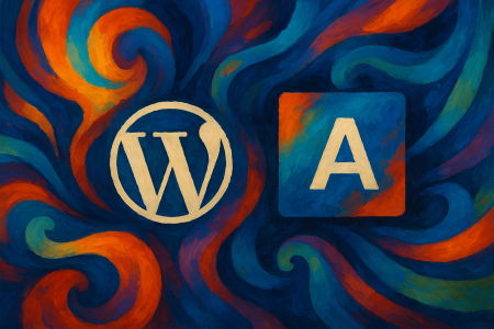 Pintura-abstracta-con-los-logos-de-WordPress-y-Automattic-entre-espirales-de-color-vivos-simbolizando-su-reconexion-y-colaboracion-renovada
