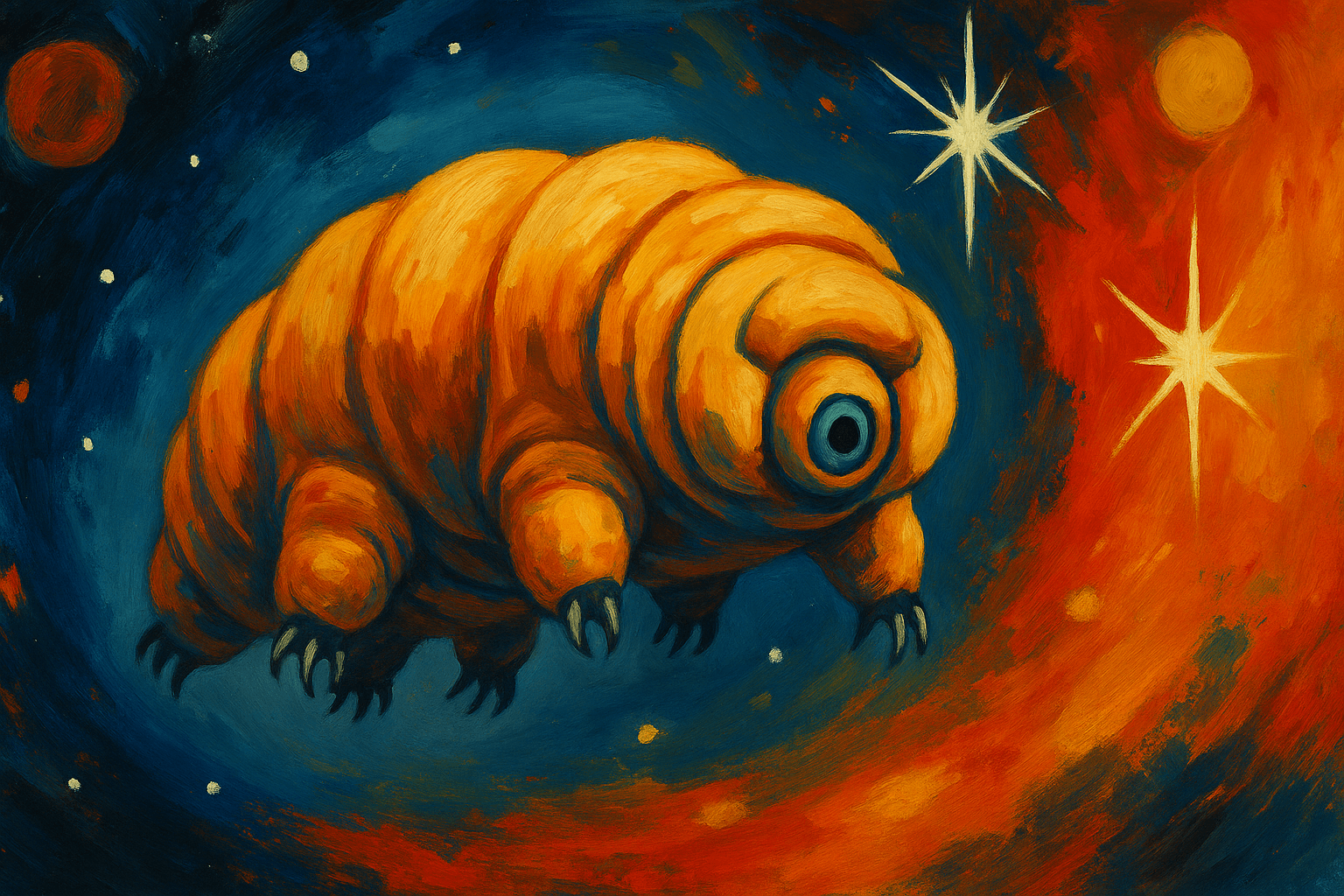 Pintura al óleo de un tardígrado suspendido en el espacio, con fondo cósmico colorido que simboliza condiciones extremas como radiación y vacío, representando su capacidad de sobrevivir más allá de los límites de la vida conocida.